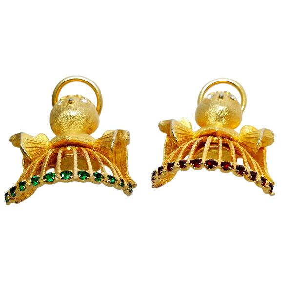 Small Rhinestone Angel Brooch Gold Tone Pair Cherub Pin Red Green Crystal - Picture 2 of 9